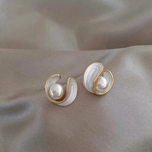 White Opal and Pearl Earrings in Gold