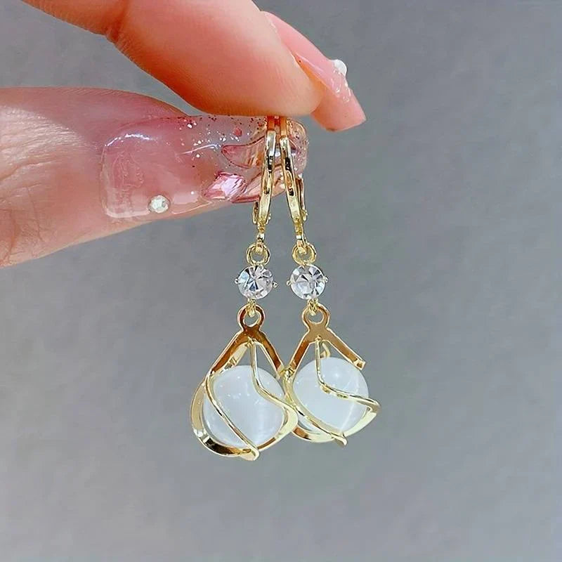 White Opal Dangling Golden Earrings