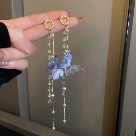 Butterfly vedhæng øreringe med zirkoner og perler i guld