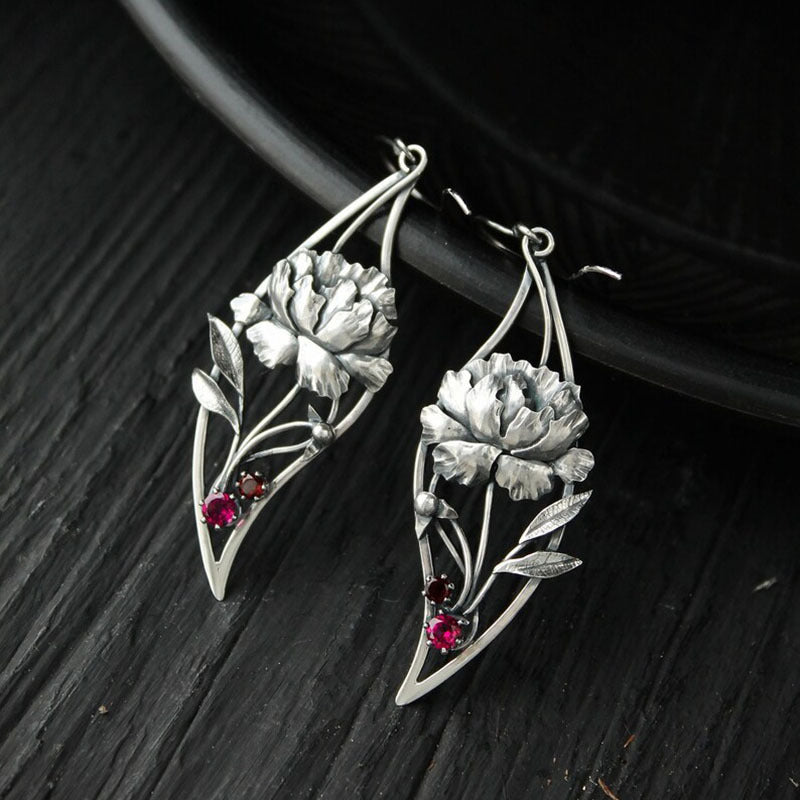 Boho Øreringe Sølvbelagte Rose med Røde Zirconia