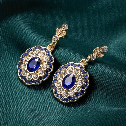 Mandala-øreringe i blå krystaller på vintage-guld
