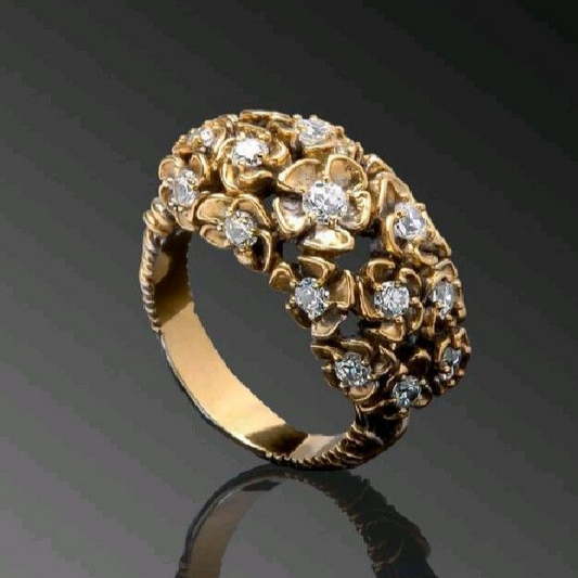 Vintage gylden blomsterring med zirkonia